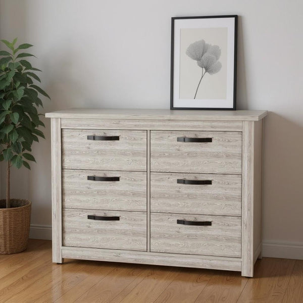 HomeRoots 47" Gray Wood Double Dresser - Modern Six Drawer Storage with Black Accents for Stylish Bedrooms 477760