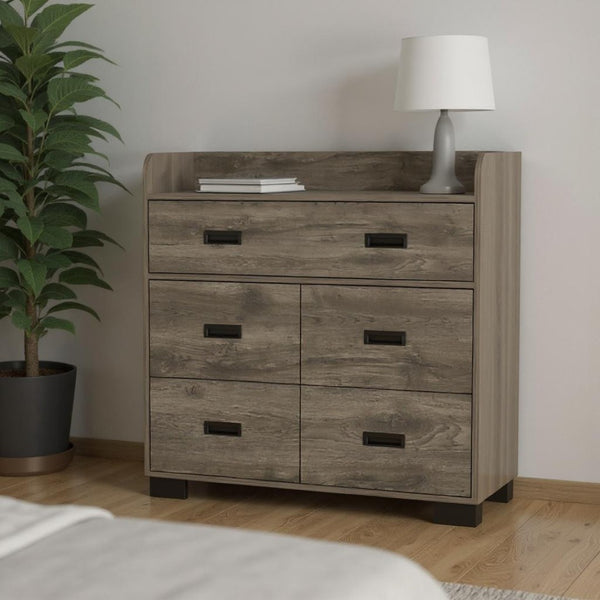 HomeRoots 33" Compact Five-Drawer Dresser in High-Quality Manufactured Wood for Stylish Bedroom Storage Solutions Dark Brown 477763