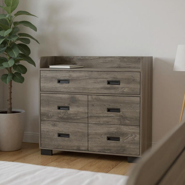 HomeRoots 33" Compact Five-Drawer Dresser in High-Quality Manufactured Wood for Stylish Bedroom Storage Solutions Dark Brown 477763