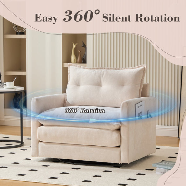 English Elm UNITED Swivel Barrel Chair with Chenille Upholstery, 360° Smooth Rotation, Padded Arm Comfort and Side Pockets for Living Room Relaxation Beige W1568P290083
