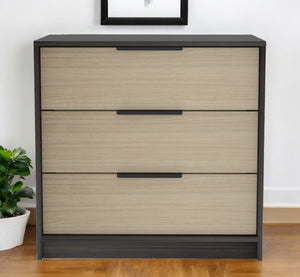 HomeRoots 28" Modern Two-Tone Brown and Black Three-Drawer Dresser for Stylish Bedroom Storage Solutions 477803