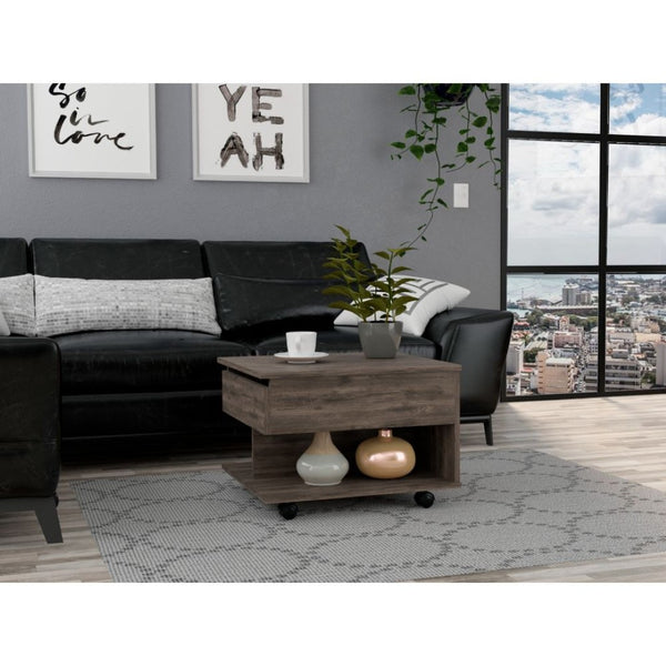 HomeRoots 22" Dark Brown Lift Top Coffee Table with Concealed Storage, Wheels for Mobility, Modern Design 477829