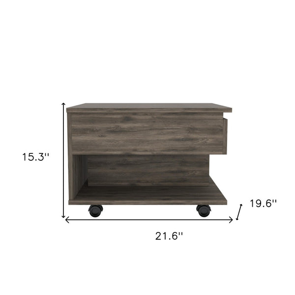 HomeRoots 22" Dark Brown Lift Top Coffee Table with Concealed Storage, Wheels for Mobility, Modern Design 477829