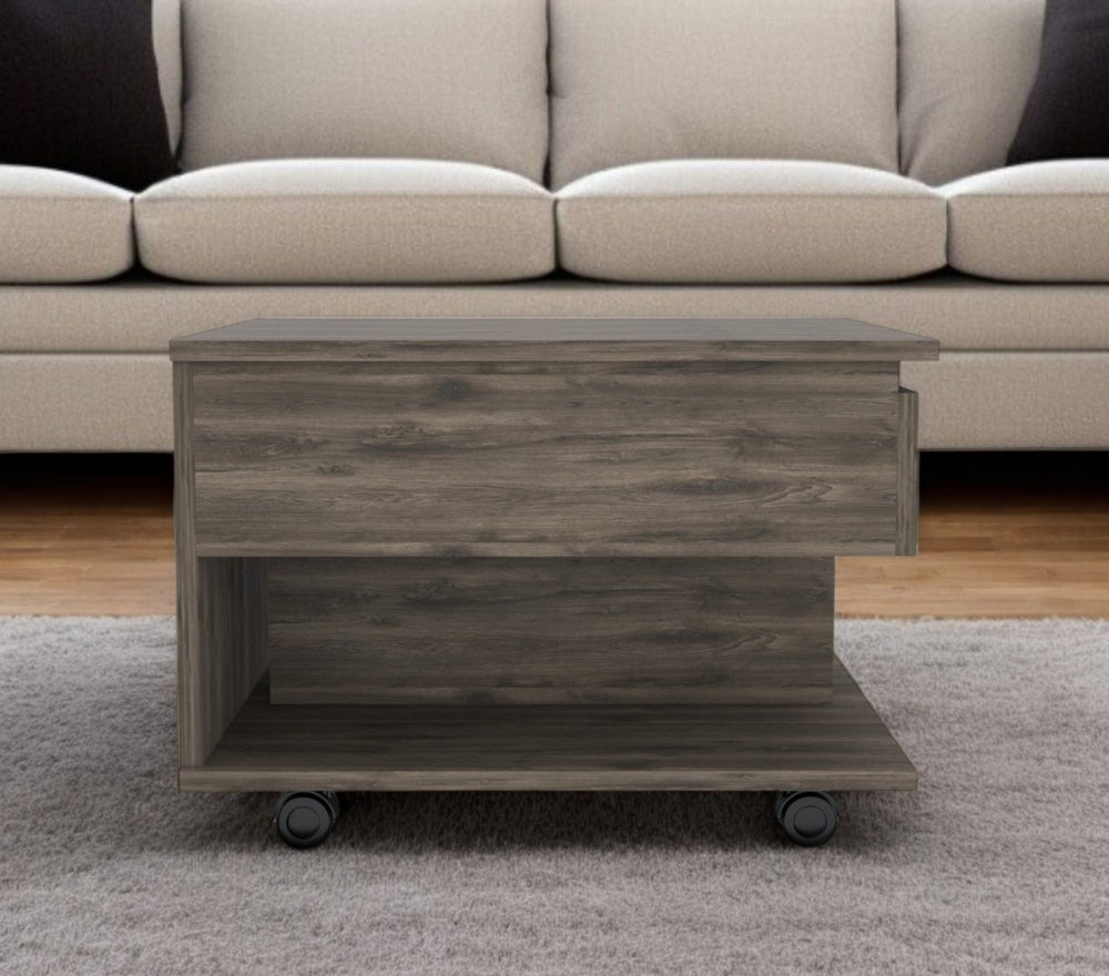 HomeRoots 22" Dark Brown Lift Top Coffee Table with Concealed Storage, Wheels for Mobility, Modern Design 477829
