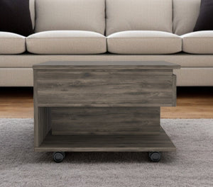 HomeRoots 22" Dark Brown Lift Top Coffee Table with Concealed Storage, Wheels for Mobility, Modern Design 477829