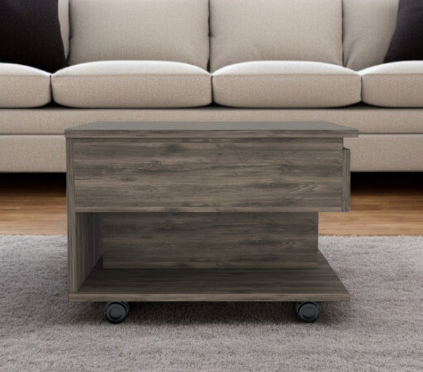 HomeRoots 22" Dark Brown Lift Top Coffee Table with Concealed Storage, Wheels for Mobility, Modern Design 477829