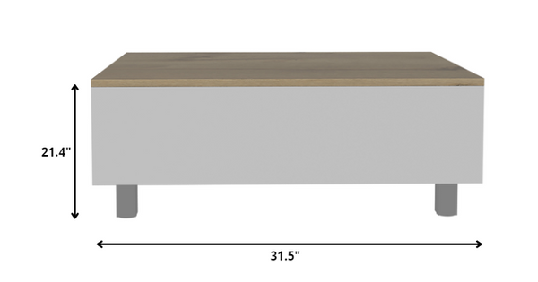 Homeroots 32" White And Light Oak Manufactured Wood Rectangular Lift Top Coffee Table With Drawer And Shelf   477831