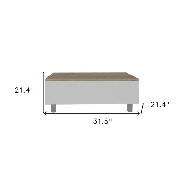 HomeRoots 32" Stylish Lift-Top Coffee Table in White & Light Oak with Drawer, Shelf, and Locking Wheels 477831