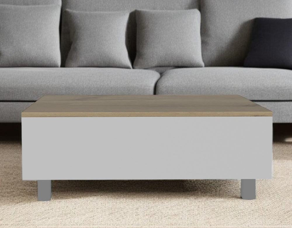 HomeRoots 32" Stylish Lift-Top Coffee Table in White & Light Oak with Drawer, Shelf, and Locking Wheels 477831