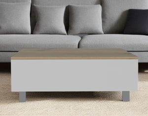 HomeRoots 32" Stylish Lift-Top Coffee Table in White & Light Oak with Drawer, Shelf, and Locking Wheels 477831