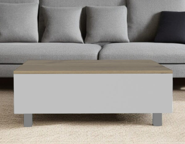 HomeRoots 32" Stylish Lift-Top Coffee Table in White & Light Oak with Drawer, Shelf, and Locking Wheels 477831