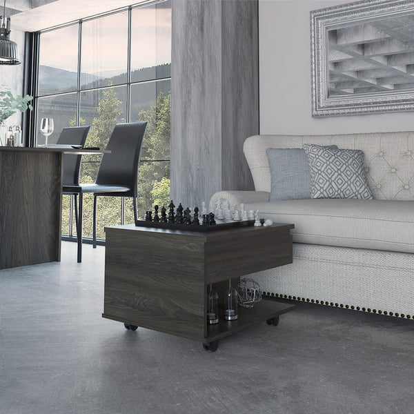 HomeRoots 22" Carbon Espresso Modern Rectangular Coffee Table with Drawer & Wheels for Versatile Living Spaces 477835
