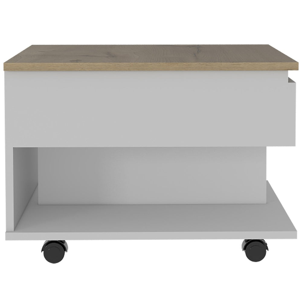 HomeRoots 22" Modern White and Light Oak Rectangular Coffee Table with Drawer, Wheels & Stylish Storage Solutions 477836