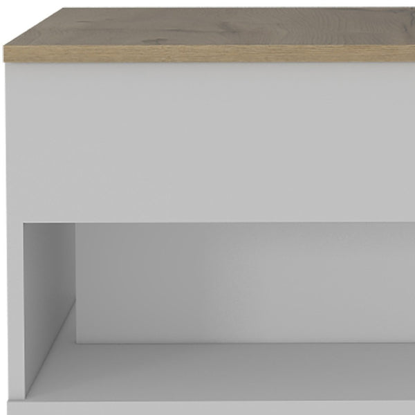 HomeRoots 22" Modern White and Light Oak Rectangular Coffee Table with Drawer, Wheels & Stylish Storage Solutions 477836