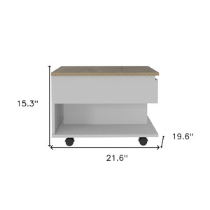 HomeRoots 22" Modern White and Light Oak Rectangular Coffee Table with Drawer, Wheels & Stylish Storage Solutions 477836