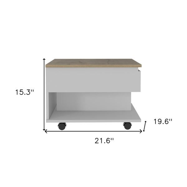 HomeRoots 22" Modern White and Light Oak Rectangular Coffee Table with Drawer, Wheels & Stylish Storage Solutions 477836