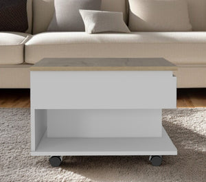 HomeRoots 22" Modern White and Light Oak Rectangular Coffee Table with Drawer, Wheels & Stylish Storage Solutions 477836