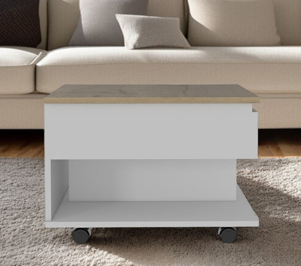 HomeRoots 22" Modern White and Light Oak Rectangular Coffee Table with Drawer, Wheels & Stylish Storage Solutions 477836