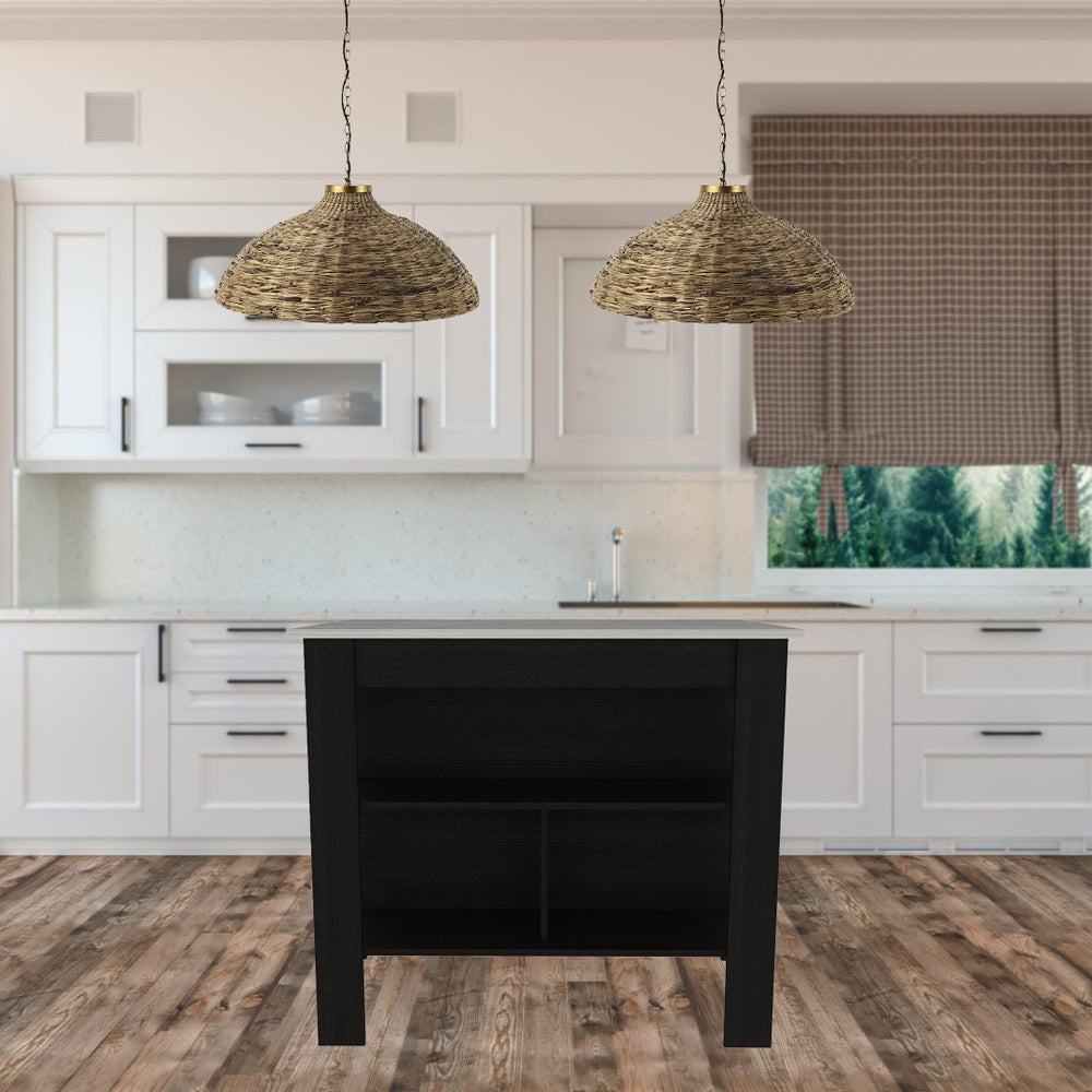 HomeRoots Black Vintage-Inspired 41" Kitchen Island with Open Shelving, Ample Storage & Rustic Charm 477868