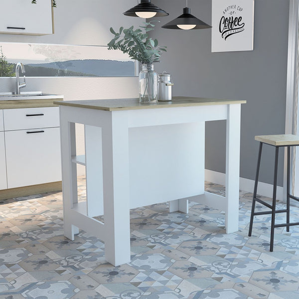 HomeRoots White 41-Inch Kitchen Island with Rustic Brown Top, Open Shelves & Ample Storage for Farmhouse Charm 477872