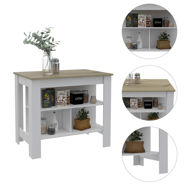 HomeRoots White 41-Inch Kitchen Island with Rustic Brown Top, Open Shelves & Ample Storage for Farmhouse Charm 477872