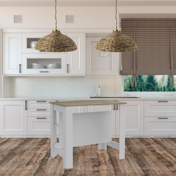 HomeRoots White 41-Inch Kitchen Island with Rustic Brown Top, Open Shelves & Ample Storage for Farmhouse Charm 477872