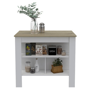 HomeRoots White 41-Inch Kitchen Island with Rustic Brown Top, Open Shelves & Ample Storage for Farmhouse Charm 477872