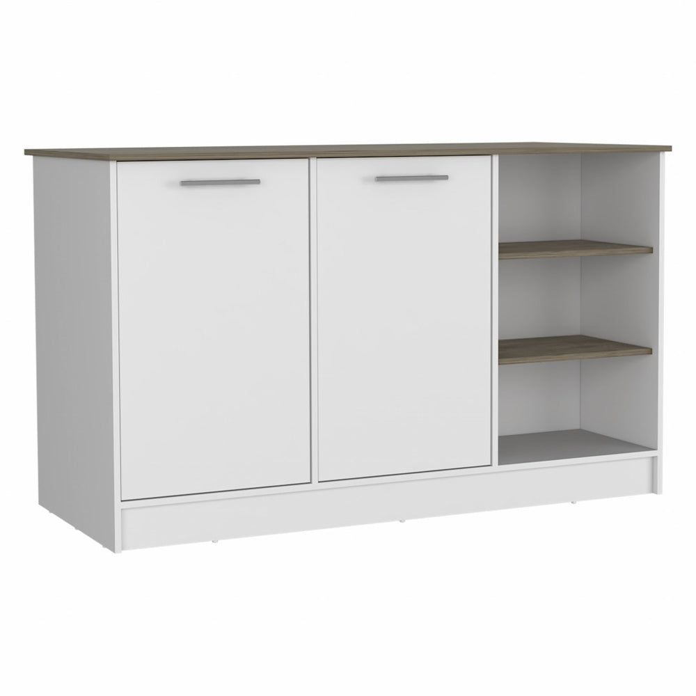 HomeRoots White 59-Inch Kitchen Island with Storage, Rustic Distressed Finish & Versatile Prep Space for Homes 477875