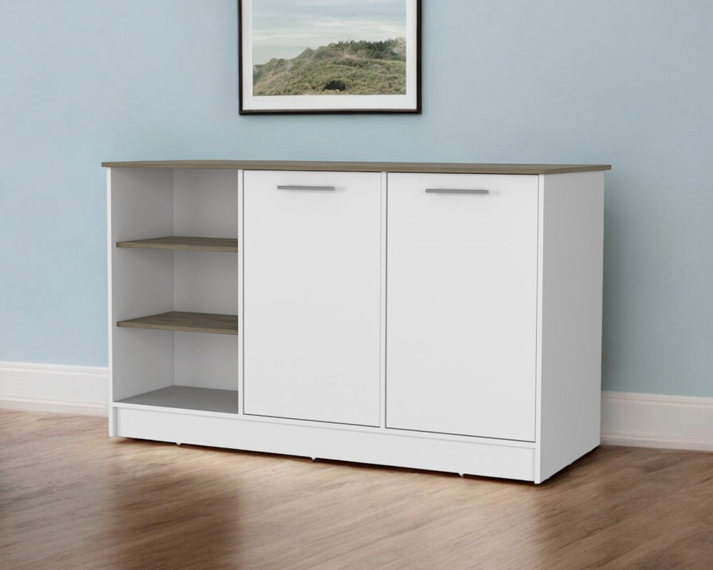 HomeRoots White 59-Inch Kitchen Island with Storage, Rustic Distressed Finish & Versatile Prep Space for Homes 477875