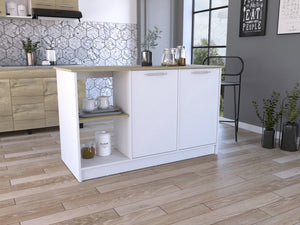 HomeRoots White Kitchen Island with Brown Top - Stylish 59" Storage Solution for Modern & Rustic Spaces 477876