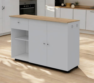 HomeRoots White Rolling Kitchen Island with Natural Countertop - Versatile Storage & Prep Space Solution 477893