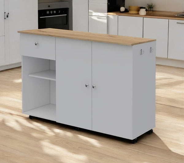 HomeRoots White Rolling Kitchen Island with Natural Countertop - Versatile Storage & Prep Space Solution 477893