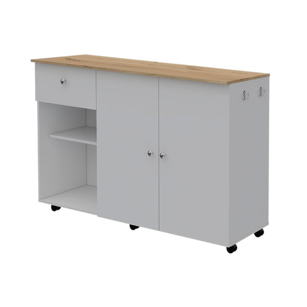 HomeRoots White Rolling Kitchen Island with Natural Countertop - Versatile Storage & Prep Space Solution 477893
