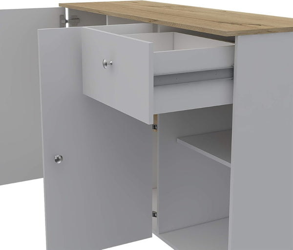 HomeRoots White Rolling Kitchen Island with Natural Countertop - Versatile Storage & Prep Space Solution 477893