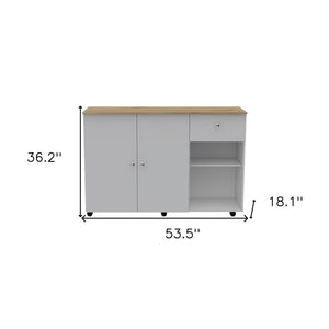 HomeRoots White Rolling Kitchen Island with Natural Countertop - Versatile Storage & Prep Space Solution 477893