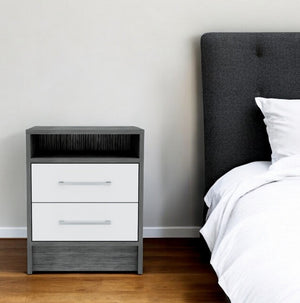 HomeRoots 20" Wood Two Drawer Nightstand - Compact, Stylish Bedside Table with Hidden Storage & Open Shelf 477898