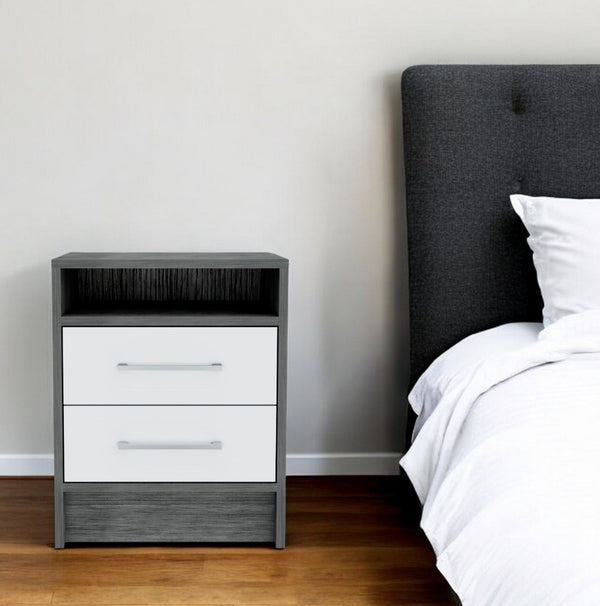 HomeRoots 20" Wood Two Drawer Nightstand - Compact, Stylish Bedside Table with Hidden Storage & Open Shelf 477898