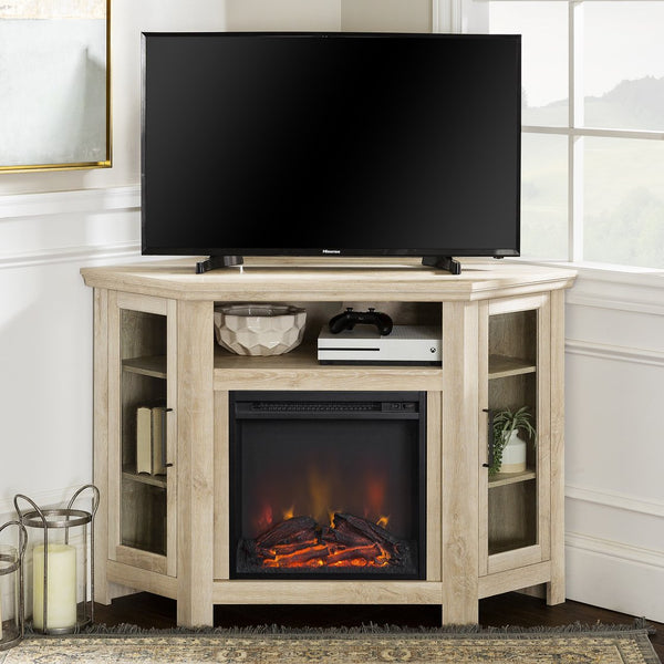 English Elm Walker Edison - Classic Glass-Door Fireplace TV Stand Corner Console with Electric Fireplace, Space-Saving MDF Design White Oak B185P169416