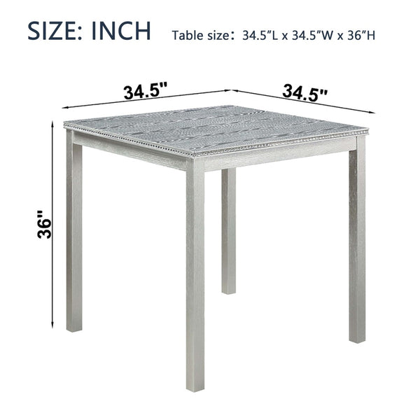 English Elm Wooden Counter Height Square Dining Table Glam Crystal Edge Detail Seats Four Silver Grey W1998128389