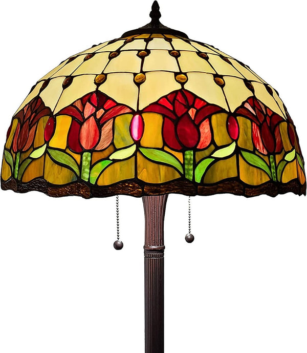 HomeRoots 62" Elegant Brown Two-Light Floor Lamp with Stained Glass Dome Shade & Red Floral Accents 477934