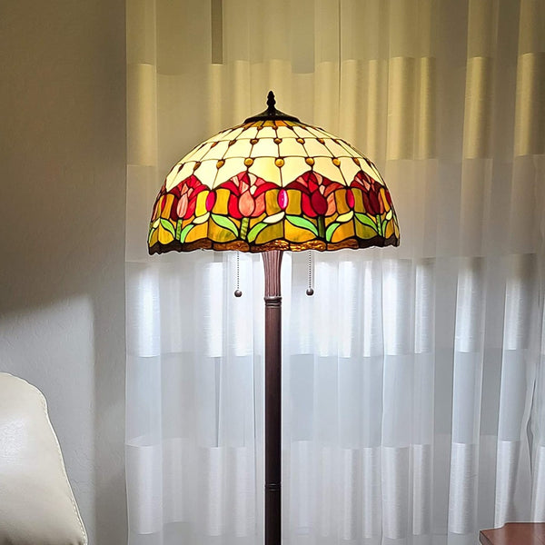 HomeRoots 62" Elegant Brown Two-Light Floor Lamp with Stained Glass Dome Shade & Red Floral Accents 477934
