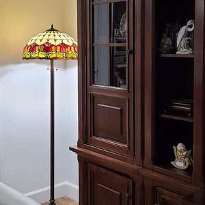 HomeRoots 62" Elegant Brown Two-Light Floor Lamp with Stained Glass Dome Shade & Red Floral Accents 477934