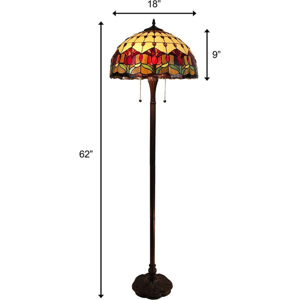 HomeRoots 62" Elegant Brown Two-Light Floor Lamp with Stained Glass Dome Shade & Red Floral Accents 477934