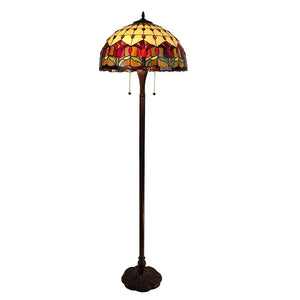 HomeRoots 62" Elegant Brown Two-Light Floor Lamp with Stained Glass Dome Shade & Red Floral Accents 477934