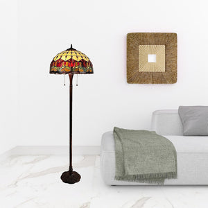 HomeRoots 62" Elegant Brown Two-Light Floor Lamp with Stained Glass Dome Shade & Red Floral Accents 477934