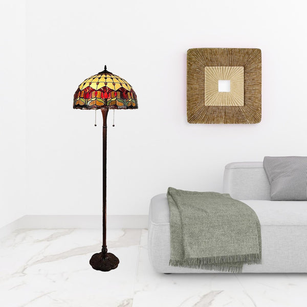 HomeRoots 62" Elegant Brown Two-Light Floor Lamp with Stained Glass Dome Shade & Red Floral Accents 477934