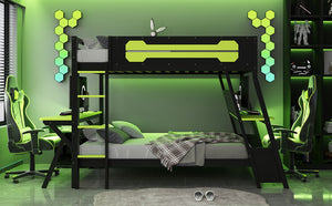 English Elm Full Size Gaming Bunk Bed with Dual Desks Usb Charging Ports and Pegboard Storage Green LT000274AAG