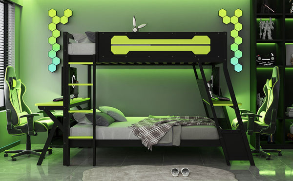 English Elm Full Size Gaming Bunk Bed with Dual Desks Usb Charging Ports and Pegboard Storage Green LT000274AAG