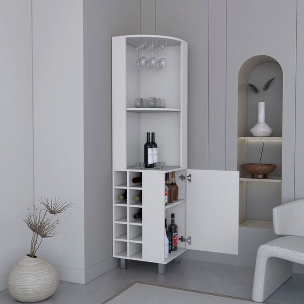 English Elm Kaia Tall Corner Bar Cabinet White Finish Wine Cubbies Stemware Rack Storage B200S00417