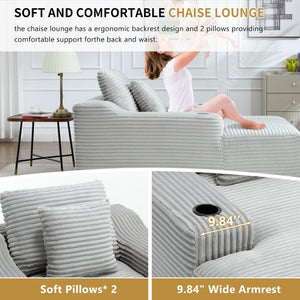 English Elm 67" Corduroy Oversized Chaise Sleeper Sofa Deep Seat Boneless Lounge with Cup Holder Pillows Light Grey W1803P409264